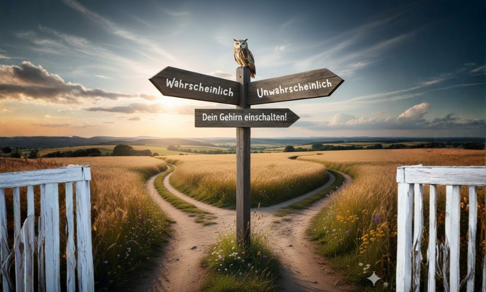Wegweiser auf einer Feldwegkreuzung bei Sonnenuntergang. Der linke Pfeil zeigt auf einen Weg und trägt die Aufschrift 'WAHRSCHEINLICH', der rechte Pfeil auf den anderen Weg mit 'UNWAHRSCHEINLICH'. Ein dritter Pfeil darunter sagt 'Dein Gehirn einschalten!'. Eine Eule sitzt oben auf dem Pfosten und beobachtet die Szene. Das Bild symbolisiert die Wahl zwischen wahrscheinlichen und unwahrscheinlichen Informationen und die Notwendigkeit kritischen Denkens.