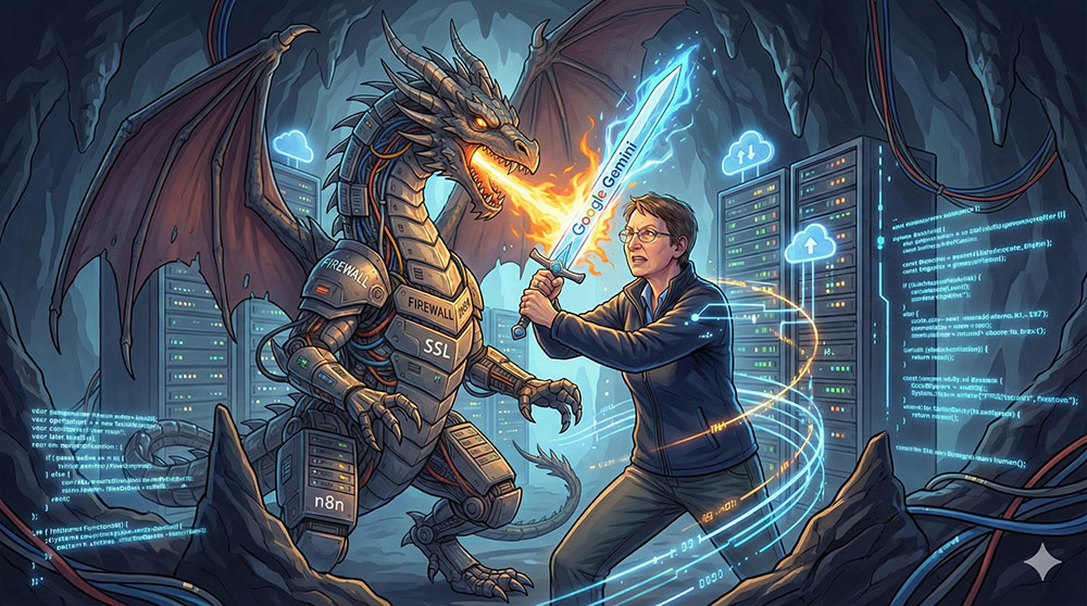 Eine Frau kämpft in einem Rechenzentrum mit einem 'Google Gemini' beschrifteten Schwert gegen einen mechanischen Drachen, der die Aufschriften 'FIREWALL', 'SSL' und 'n8n' trägt. Der Drache speit Feuer, während die Frau ihn abwehrt. Im Hintergrund sind Serverracks und Codezeilen zu sehen.